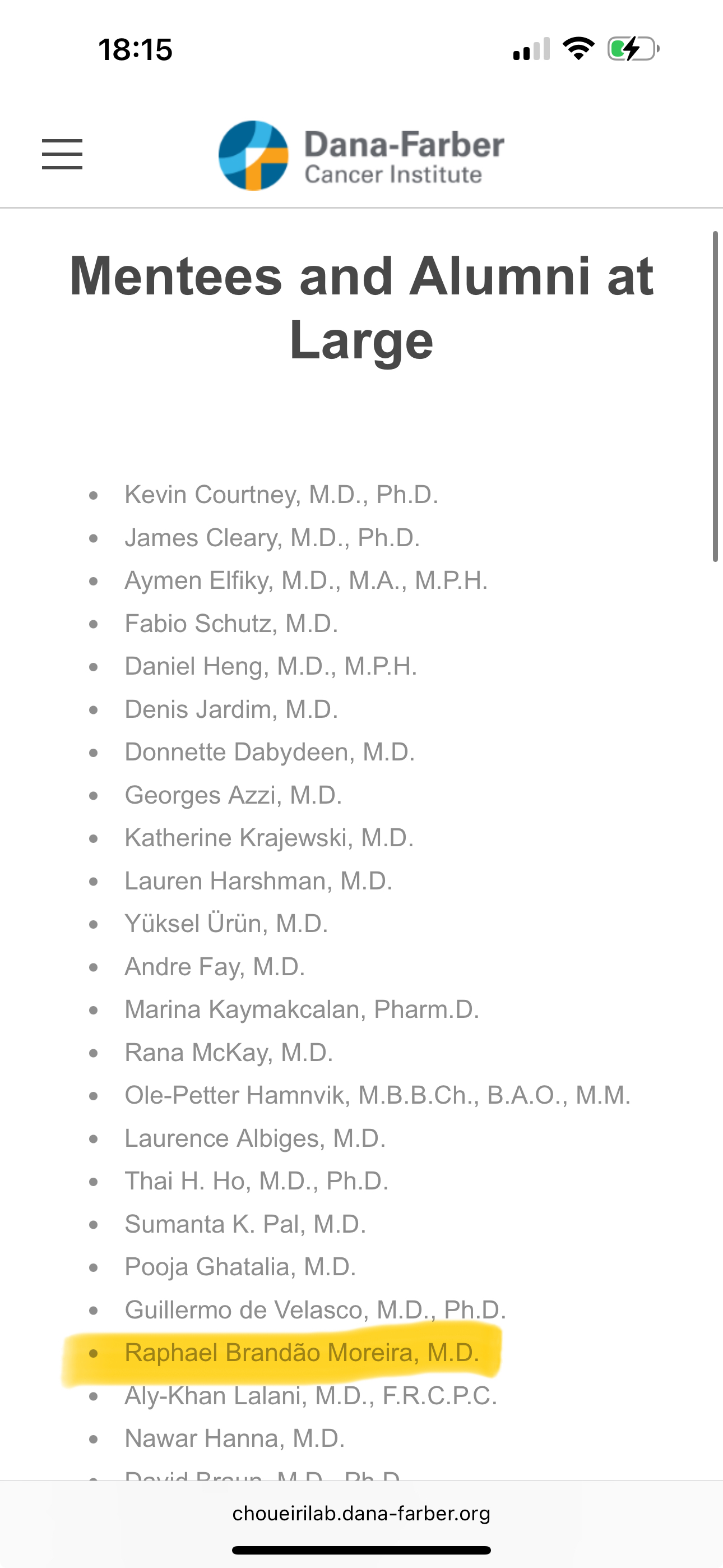 Screenshot do Choueiri Lab mostrando Raphael Brandão Moreira, M.D. na lista de Mentees and Alumni at Large